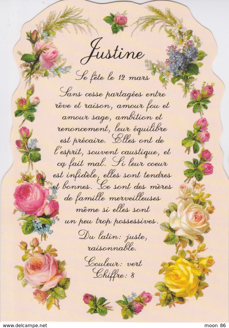 PRENOMS - FEMME - Jolie Carte Fantaisie Fleurs -  Prénom JUSTINE - Prénoms