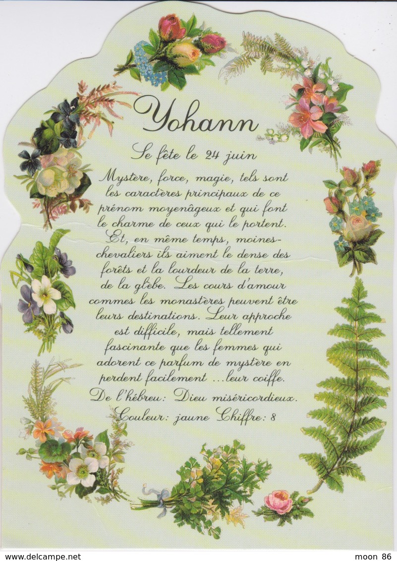 PRENOMS - HOMME - Jolie Carte Fantaisie Fleurs -  Prénom YOHANN - 24 JUIN - Prénoms