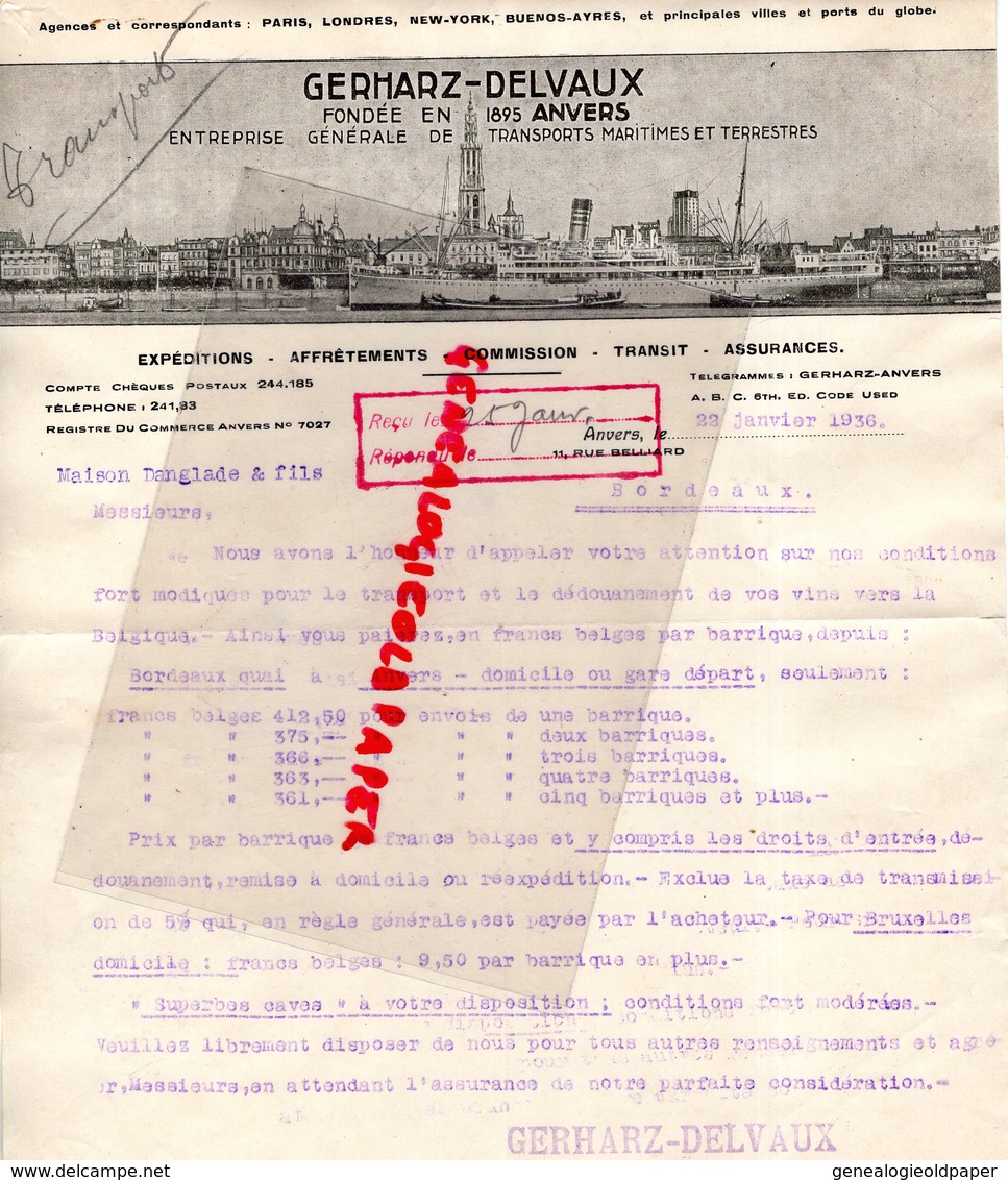 BELGIQUE- ANVERS- LETTRE GERHARZ DELVAUX-ENTREPRISE GENERALE TRANSPORTS MARITIMES TERRESTRES-1936-DANGLADE BORDEAUX - Trasporti