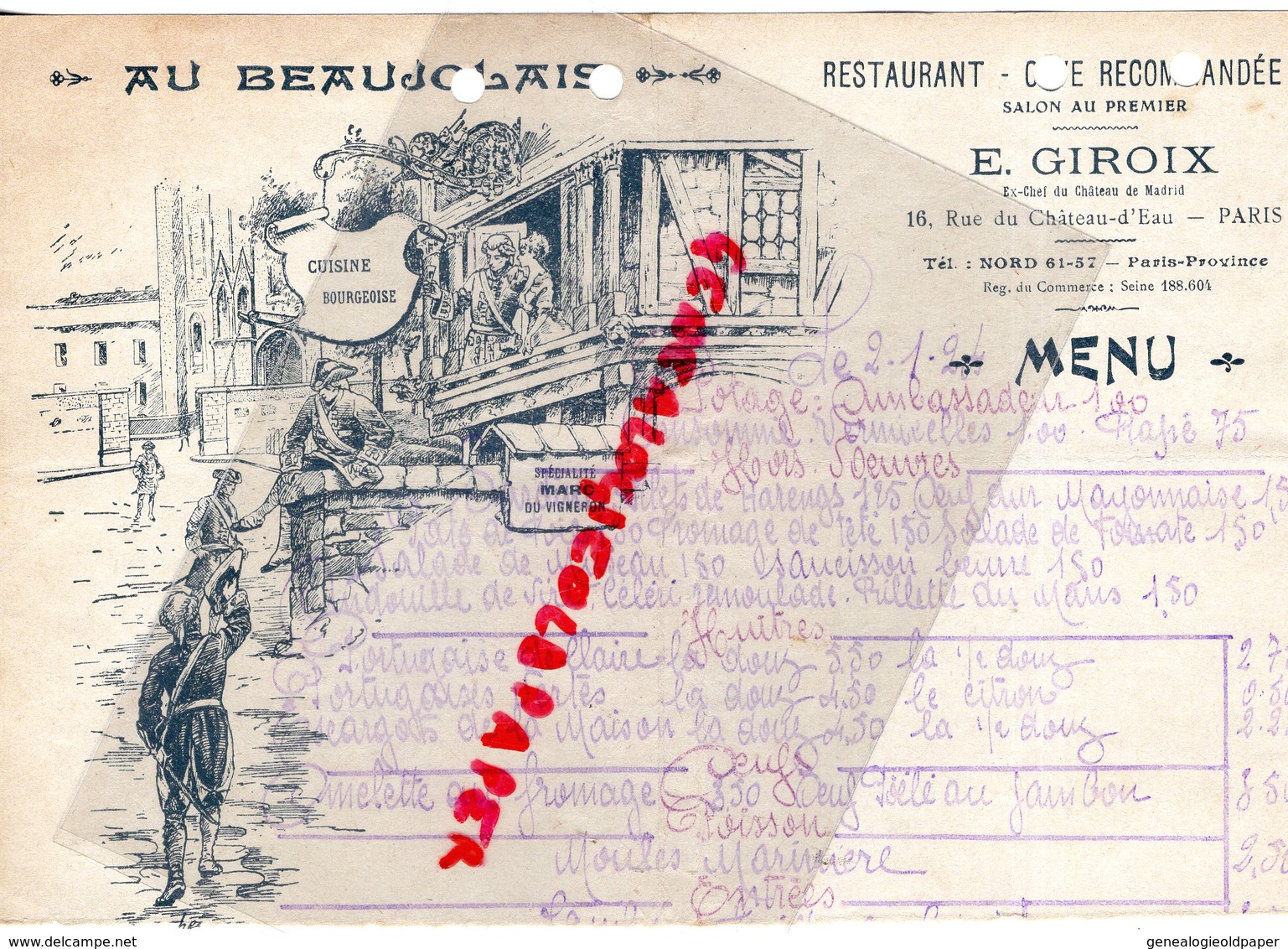 75- PARIS- RARE MENU AU BEAUJOLAIS- RESTAURANT -E. GIROIX EX CHEF DU CHATEAU DE MADRID-16 RUE CHATEAU D' EAU-1924 - Menükarten
