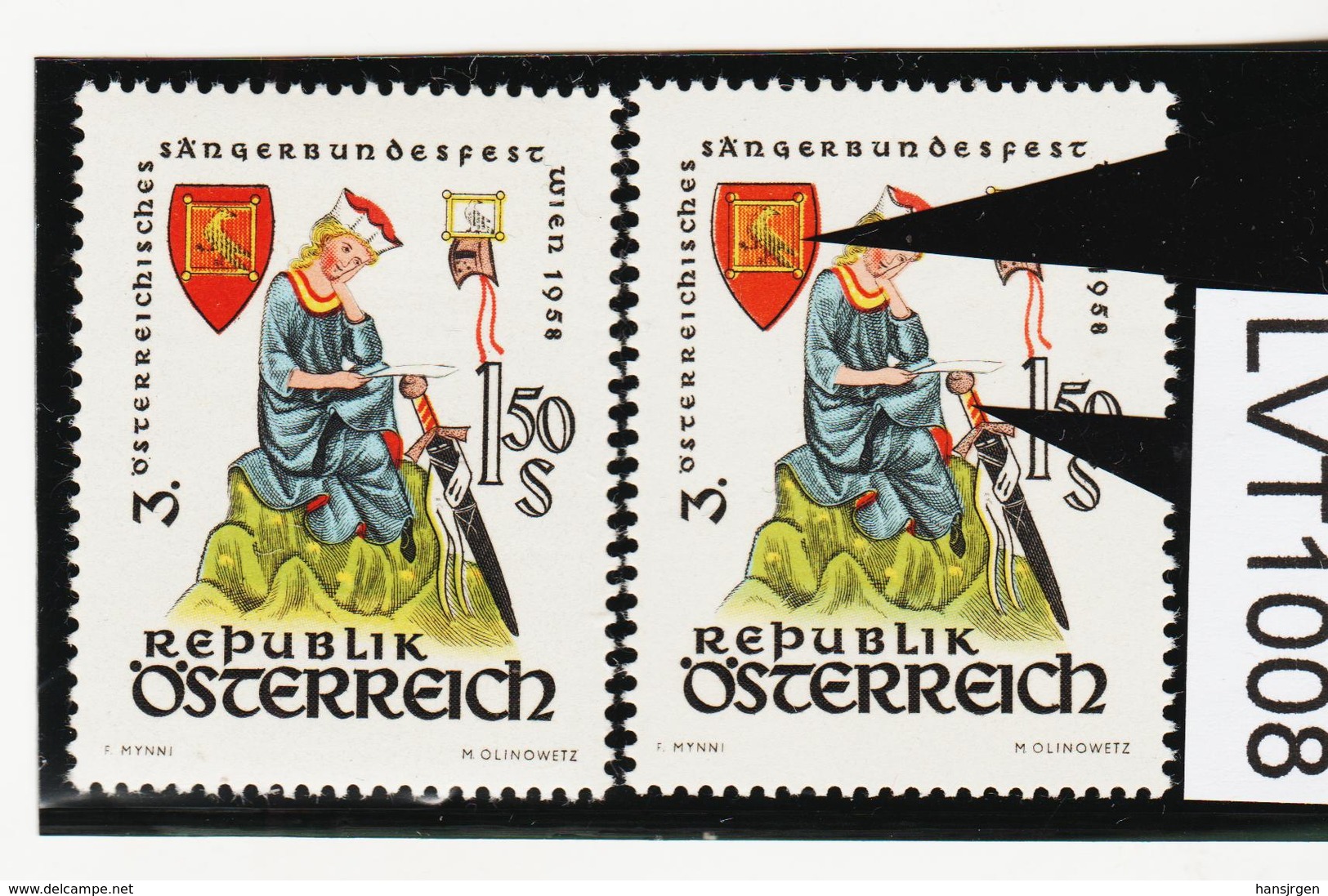 LTV1007 ÖSTERREICH 1958 Michl 1043 PLATTENFEHLER FARBDRUCK VERSCHOBEN ** Postfrisch - Abarten & Kuriositäten