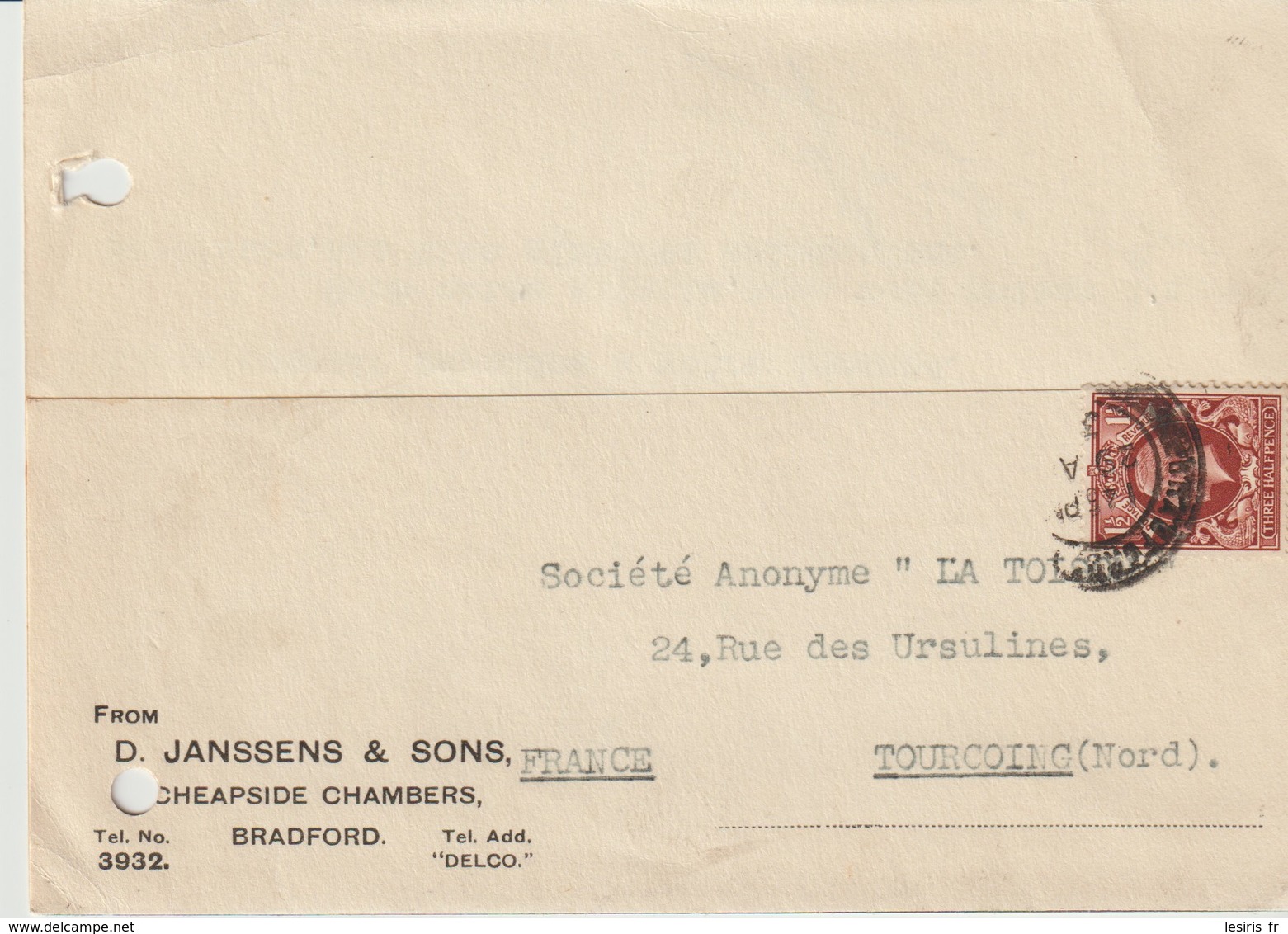 LETTRE DE D. JANSSENS & SONS - CHEAPSIDE CHAMBERS - BRADFORD - FRANCE - A SOCIÉTÉ - TOURCOING - 1900 – 1949