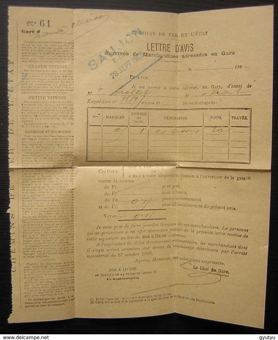 Saujon (Charente) 1905 Chemins De Fer De L'État Lettre D'avis - 1877-1920: Période Semi Moderne