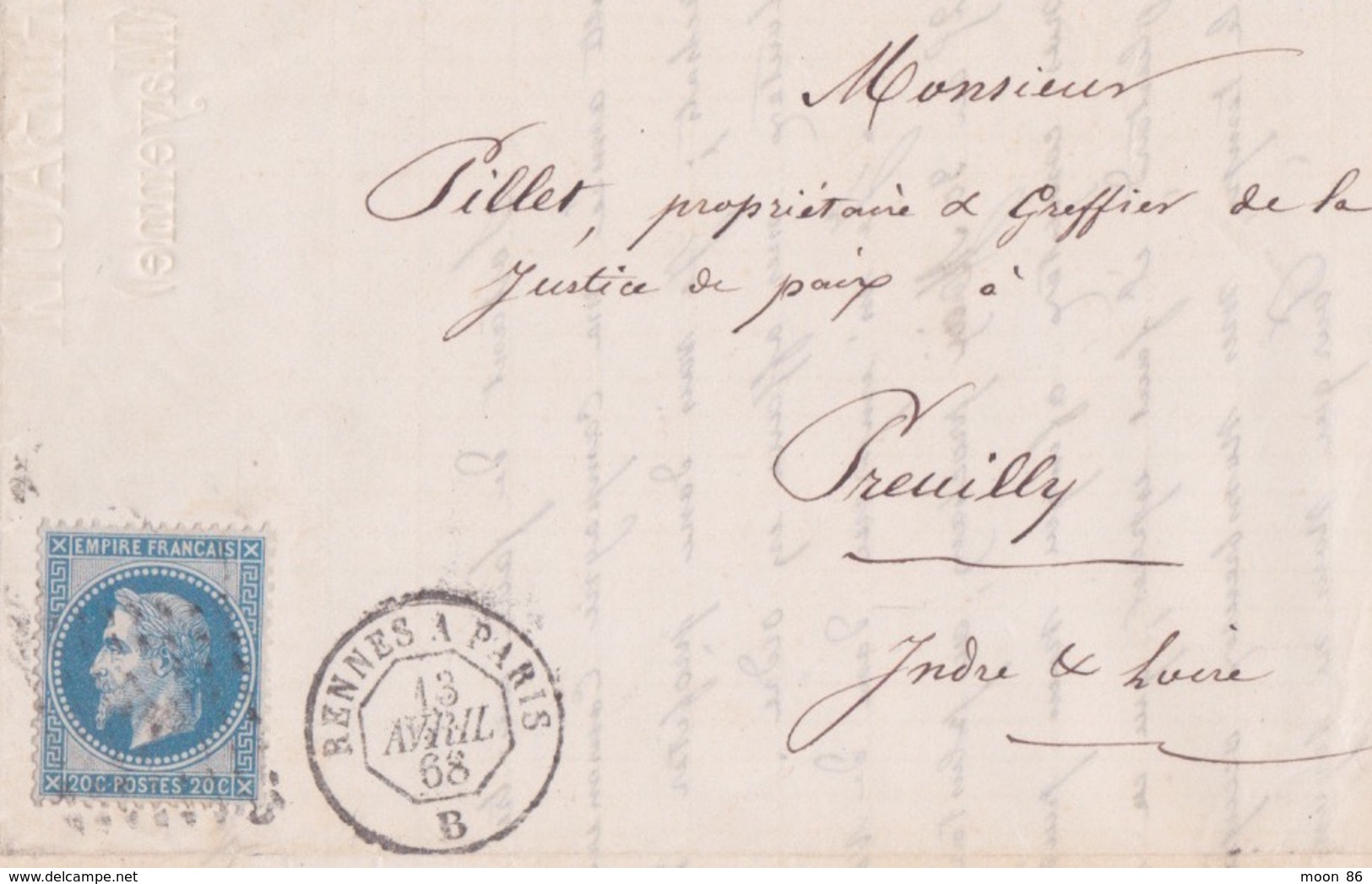 1868 - LETTRE ENTETE GRAIN & GRAINES THIBAULT A LAVAL - TIMBRE NAPOLEON III LAURÉ - CACHET CONVOYEUR RENNES A PARIS - 1863-1870 Napoleon III With Laurels