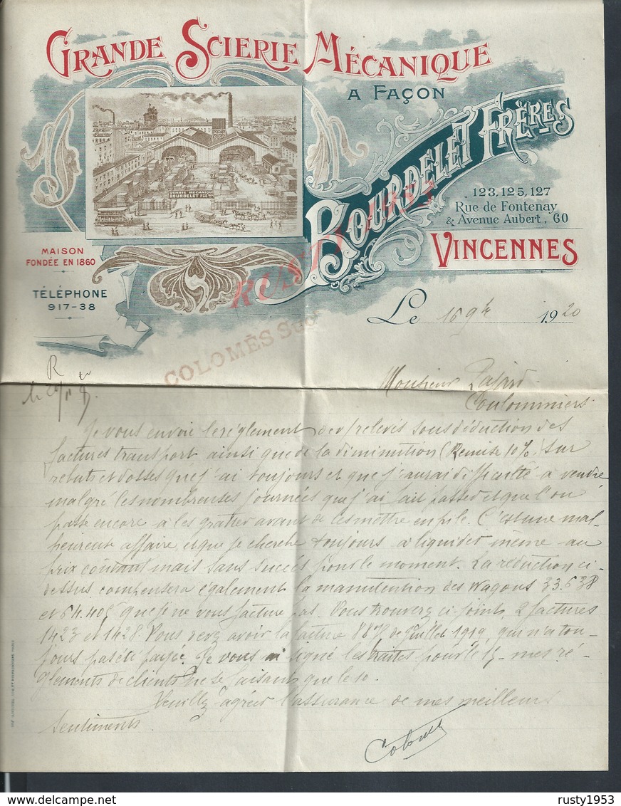 LETTRE COMMERCIALE ILLUSTRÉE DE 1920 BOURDELLES FRÉRES GRANDE SCIERIE MÉCANIQUE ( BOIS ) À VINCENNES : - 1900 – 1949