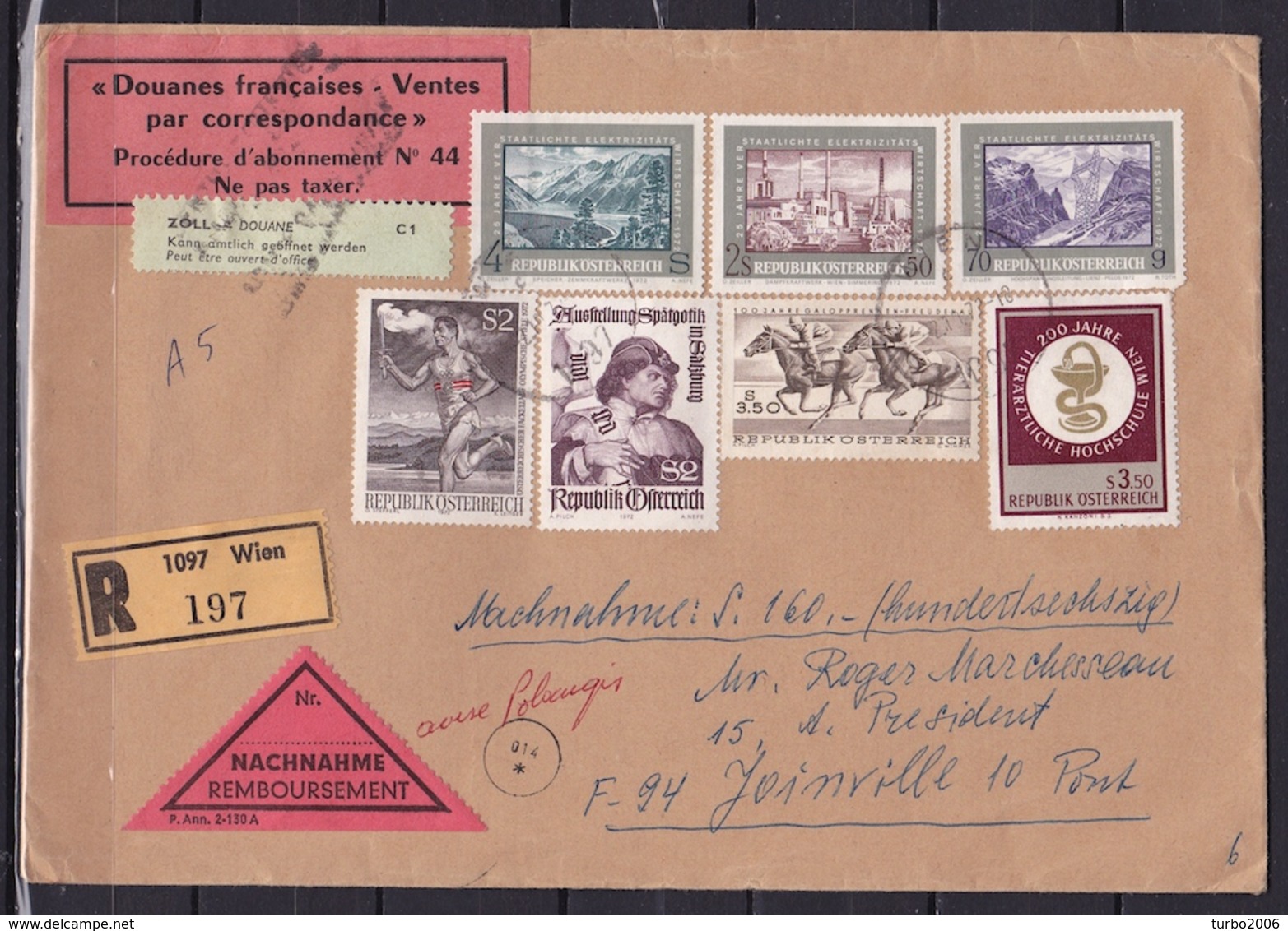 DOUANE 1972 Nachnahme-cover From Austria With Custom Labels "Douanes Franceises-Ventes Par Correspondence" + C 1 - Andere & Zonder Classificatie