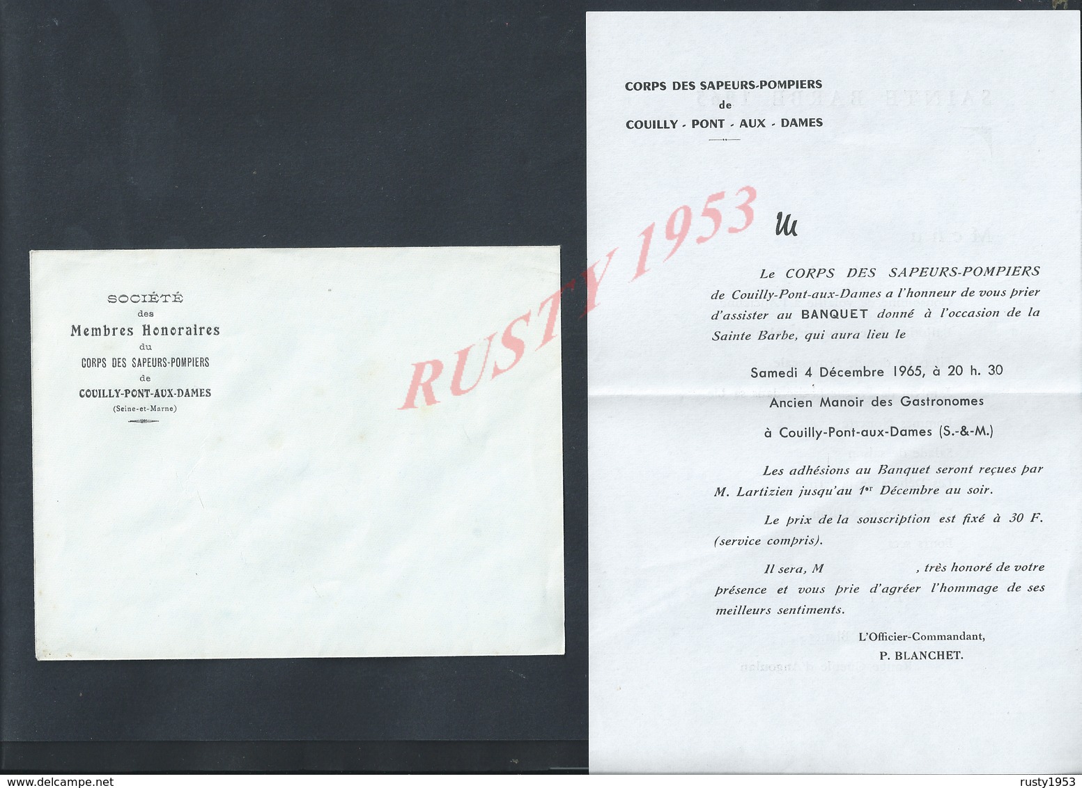 MENU CORPS DES SAPEURS POMPIERS DE COUILLY PONT AUX DAMES 1965 SAINTE BARBE : - Pompiers