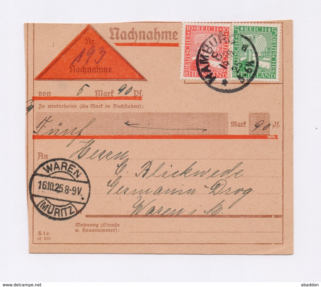 DR Beleg Nachnahme MiF MiNr. 372 373 Von HAMBURG > WAREN 1925 - Briefe U. Dokumente