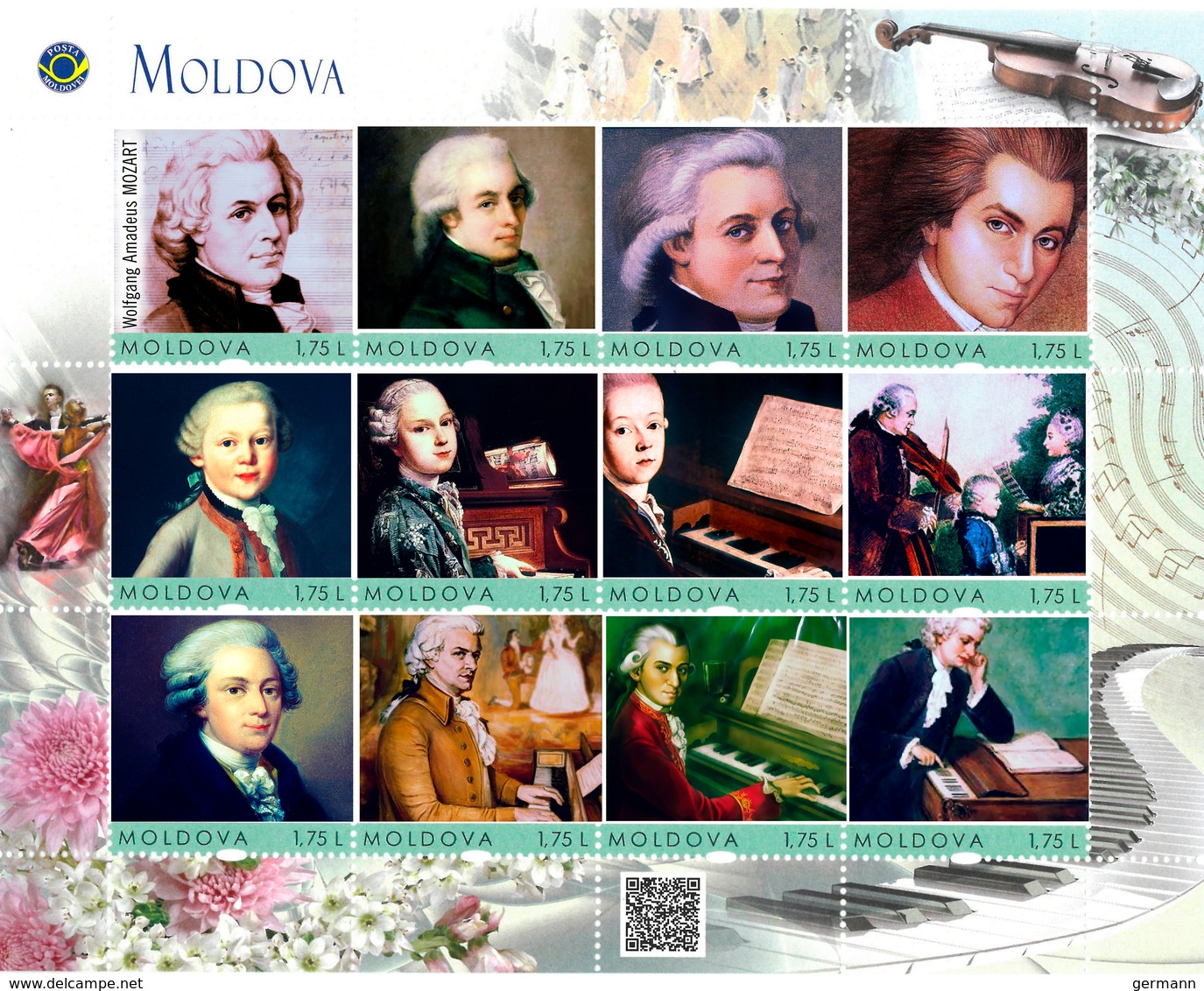Moldova 2018, Music, Wolfgang Amadeus Mozart, Sheet Of 12v - Moldavie
