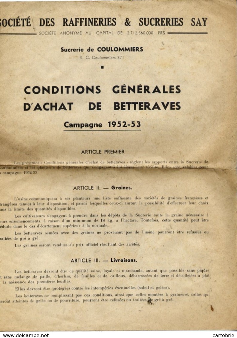 77 Sucrerie De COULOMMIERS - Sté Raffineries & Sucreries SAY Conditions Gales Achat Betteraves - Campagne 1952-1953 4 P. - Coulommiers