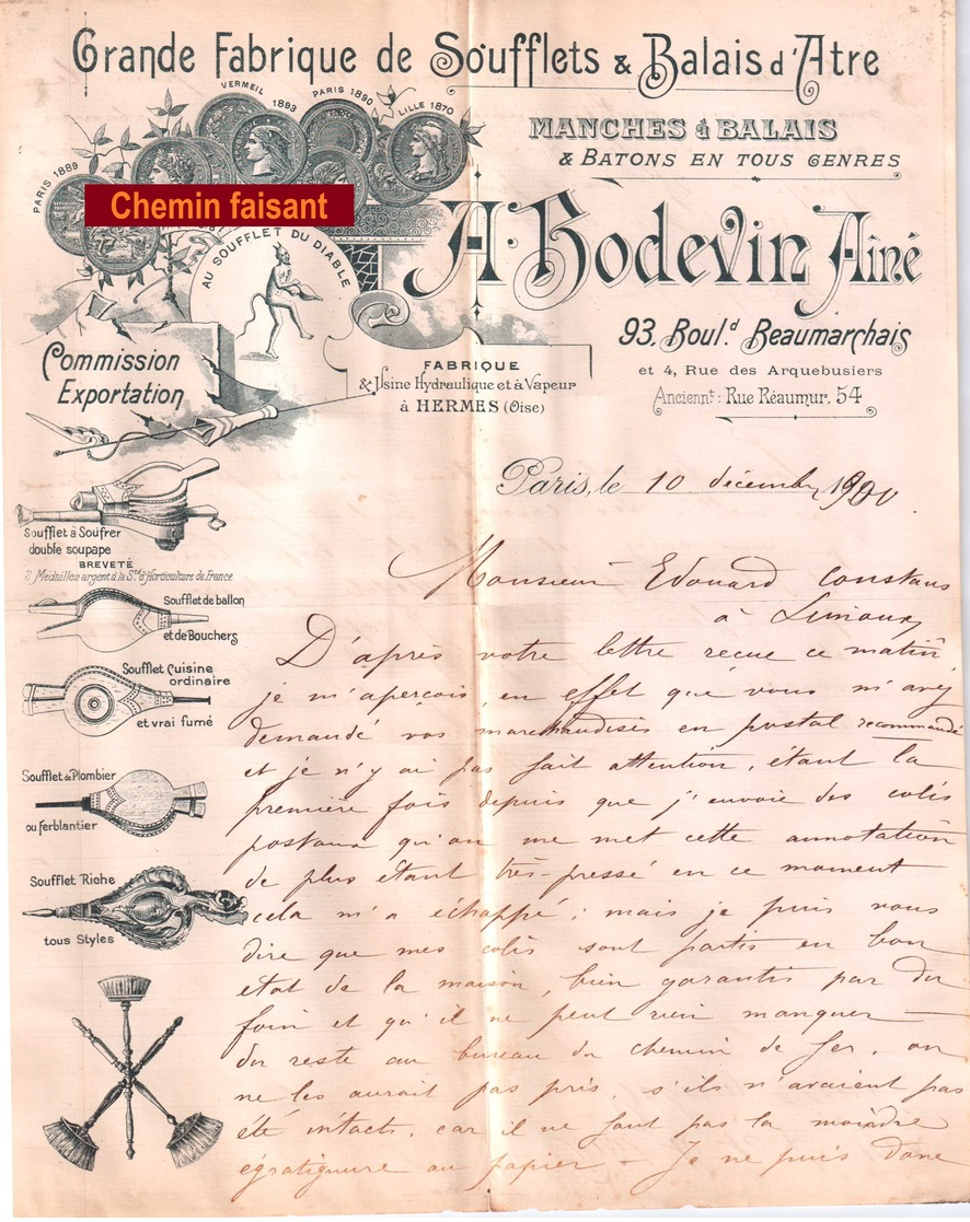 Très Beau Document Du 10/12/1900 BODEVIN Grande Fabrique De Soufflets & Balais D'âtre - Paris 75 & Hermes 60 - 1900 – 1949