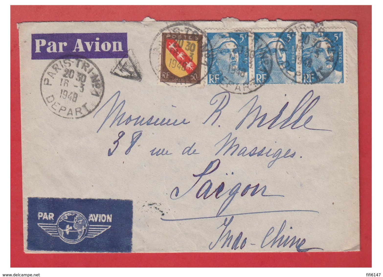 FRANCE -- LETTRE DE PARIS POUR SAÏGON --1949 -- POSTE AERIENNE --GANDON -- LETTRE TAXEE -- TARIFS POSTAUX-- - 1960-.... Lettres & Documents