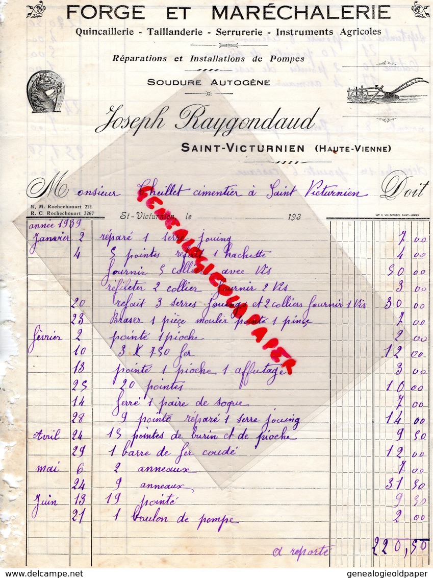 87- ST -SAINT VICTURNIEN- RARE FACTURE JOSEPH RAYGONDAUD-FORGE MARECHALERIE-FORGERON MARECHAL FERRANT-1939 - Petits Métiers