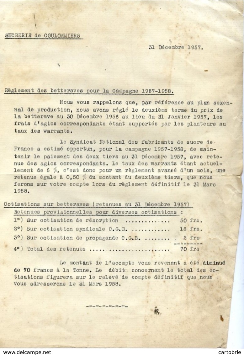 77 Sucrerie De COULOMMIERS - Règlement Des Betteraves - Campagne 1957-1958 - Coulommiers