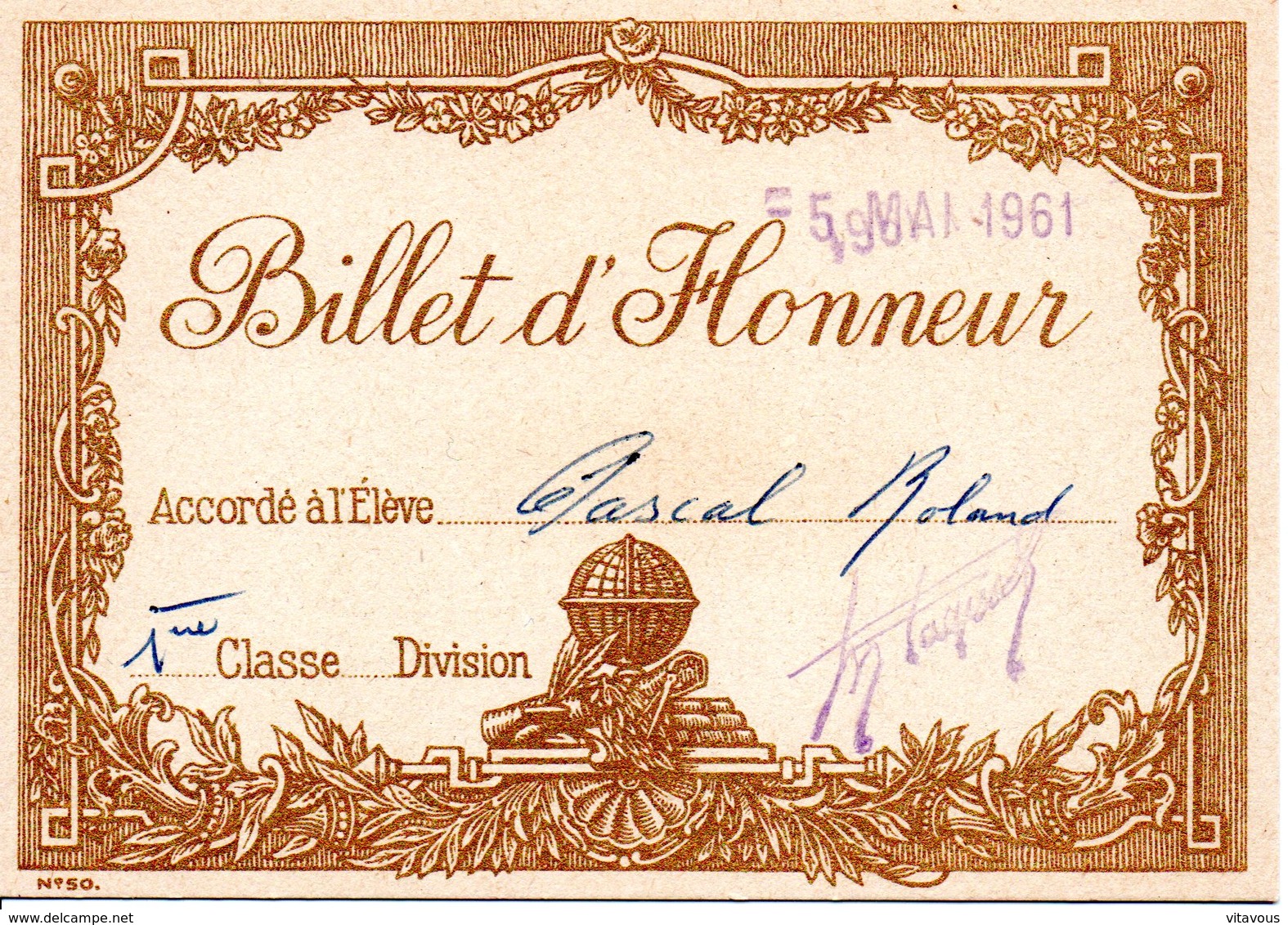 Billet D'honneur Mai 1961 - Non Classés