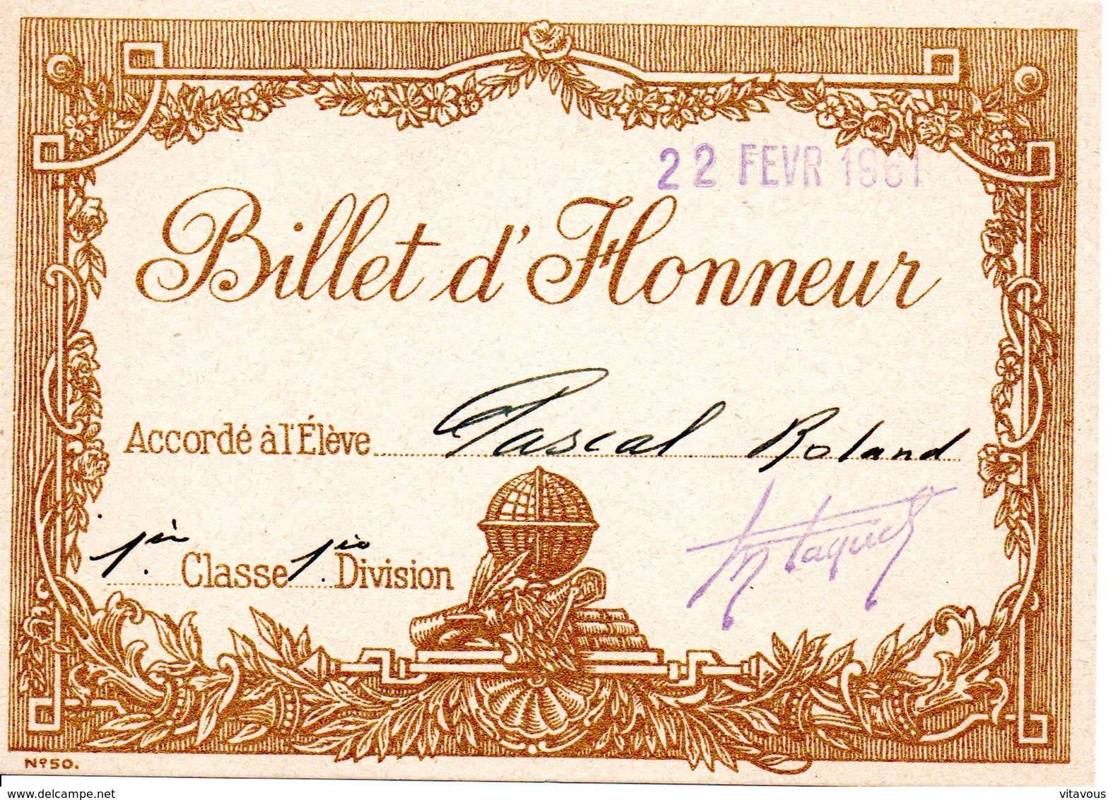 Billet D'honneur Février 1961 - Zonder Classificatie