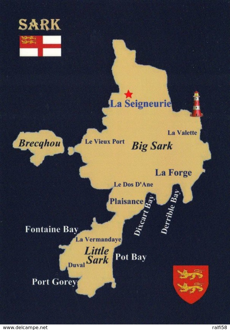 1 MAP Of Island Sark - Channel Islands * Ansichtskarte Mit Der Landkarte Der Insel Sark Mit Flagge Und Wappen * - Landkarten