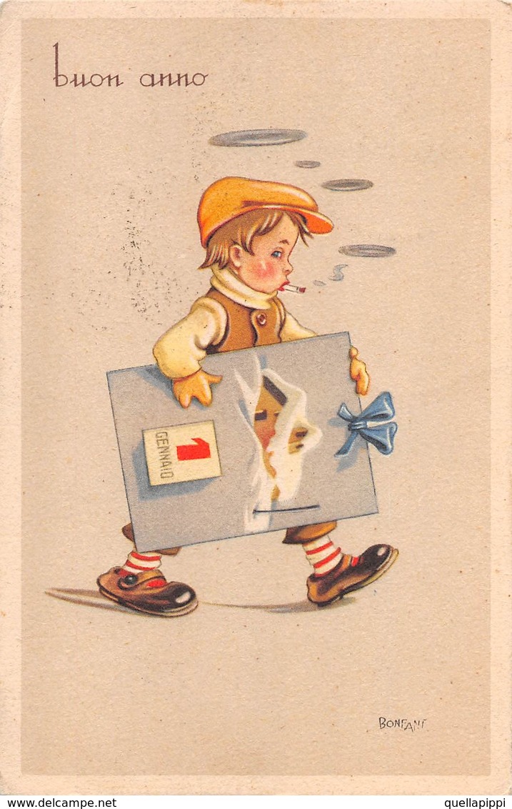 D8915 "BUON ANNO" BAMBINO CON SIGARETTA E CALENDARIO A SPASSO SULLA NEVE. CART  SPED 1945 - Anno Nuovo