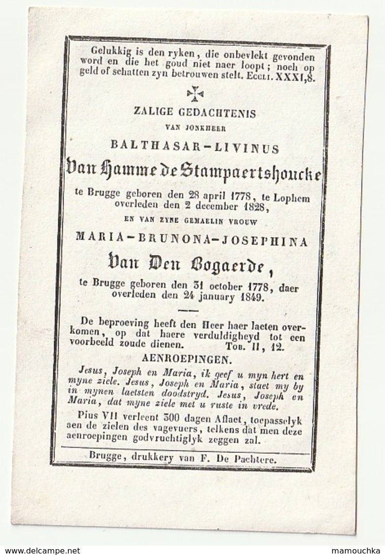 Balthasar VAN HAMME DE STAMPAERTSHOUCKE Brugge Lophem 1828 & Maria VAN DEN BOGAERDE Brugge 1849 - Images Religieuses