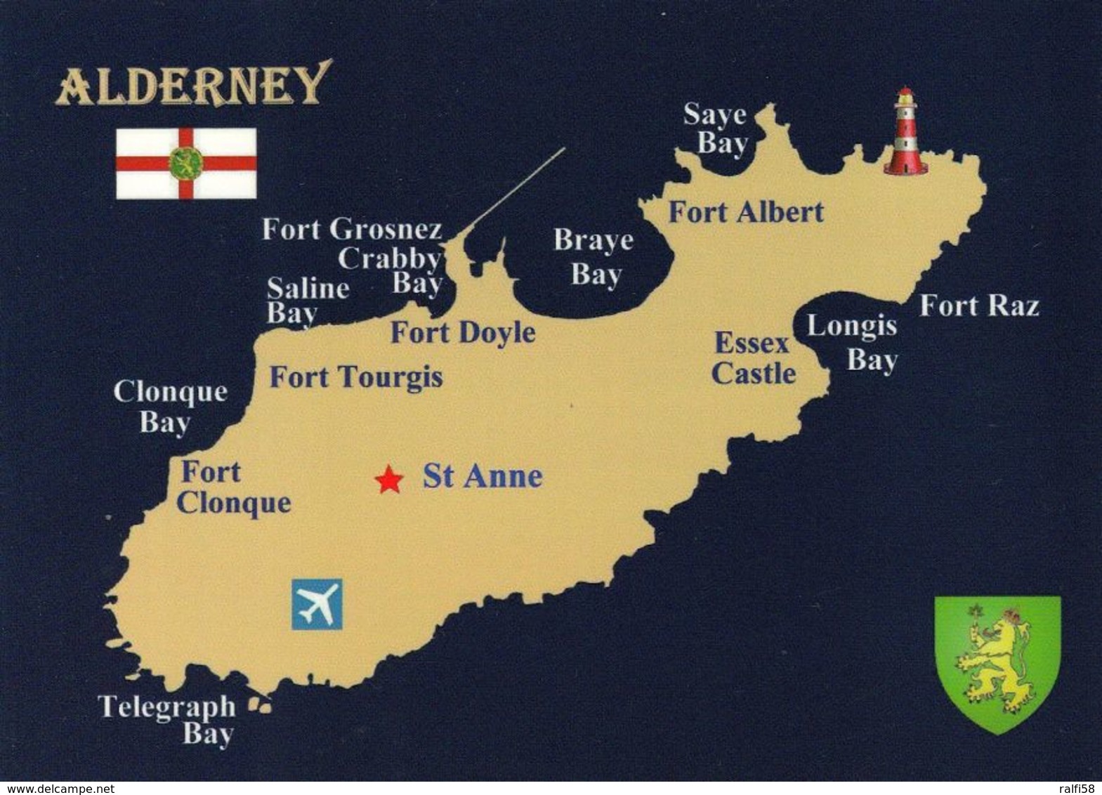 1 MAP Of Island Alderney Channel Islands * Ansichtskarte Mit Der Landkarte Der Insel Alderney Mit Flagge Und Wappen * - Landkarten