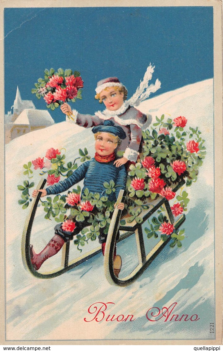 D8918 "BUON ANNO " BAMBINI CHE GIOCANO SULLA NEVE CON SLITTINO,FIORI,SFONDO CHIESA. CART NON SPED - Anno Nuovo