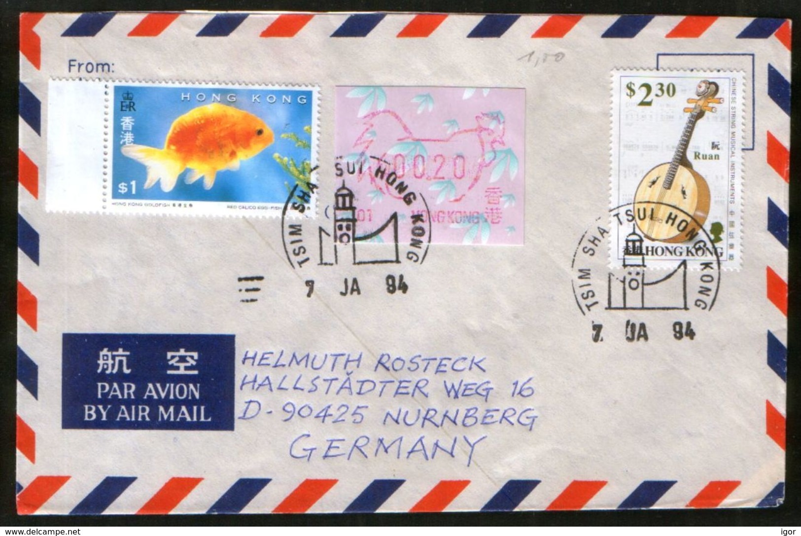 Hong Kong 1994 Air Mail Cover, Stamps Cock, Fish - Ferme