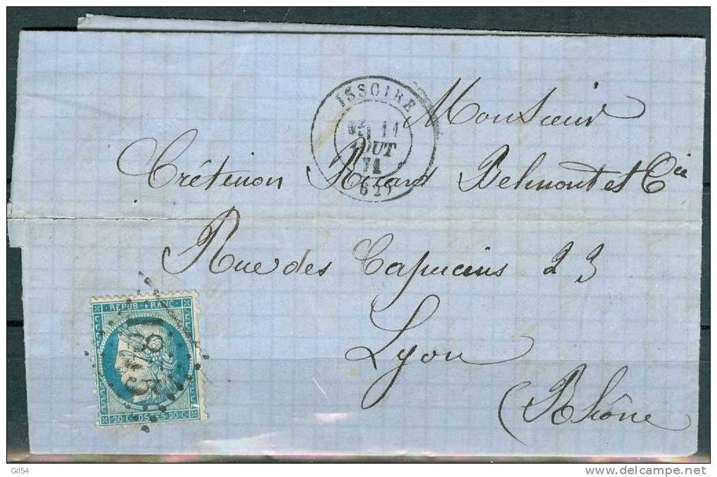 Yvert N°37 Sur Lettre Oblitéré Gros Chiffres 1845 (Issoire Dept 63 ) En 1871 Pour Lyon  ,LP116 - 1801-1848: Précurseurs XIX