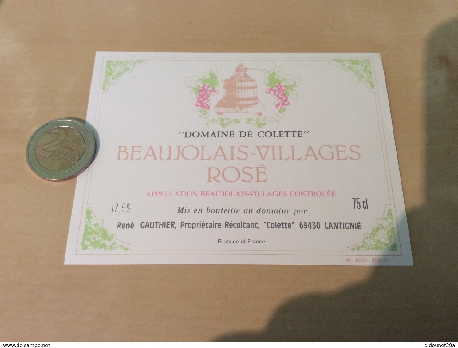 Etiquette Vin « BEAUJOLAIS VILLAGES ROSÉ - DOMAINE DE COLETTE - René GAUTHIER - LANTIGNIÉ (69) » - Beaujolais