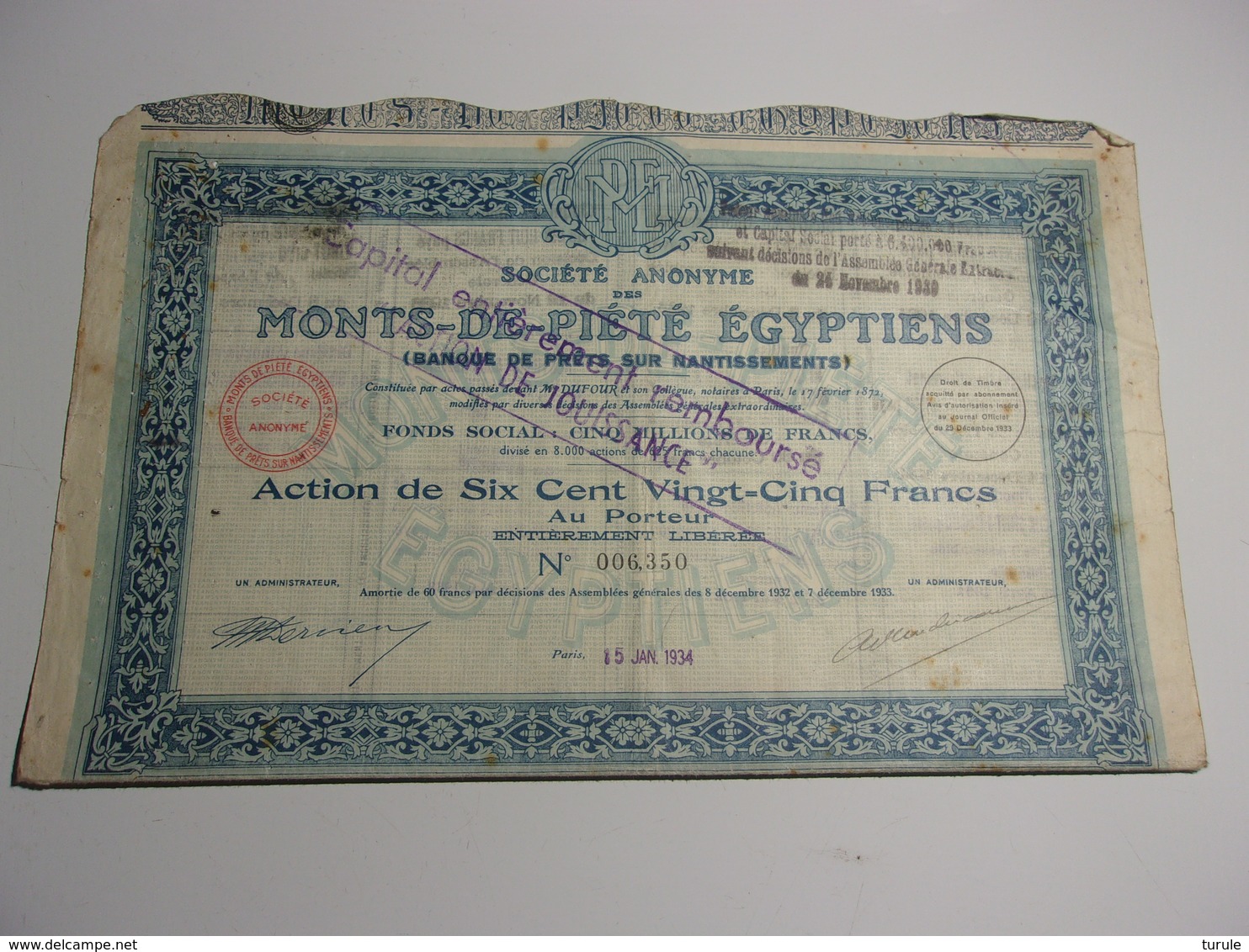 MONTS DE PIETE EGYPTIENS (banque De Prets Sur Nantissements) 1934 - Autres & Non Classés