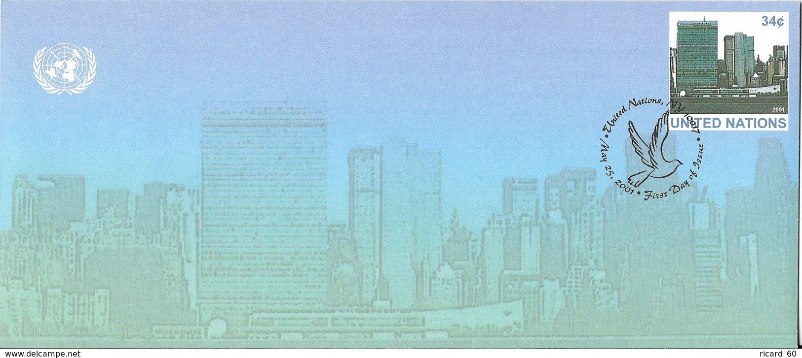 Onu, United Nations, Nations Unies,new York, Entier Postal 2001 , Env Fdc, Manhattan, 240x105, Colombe De La Paix - Covers & Documents