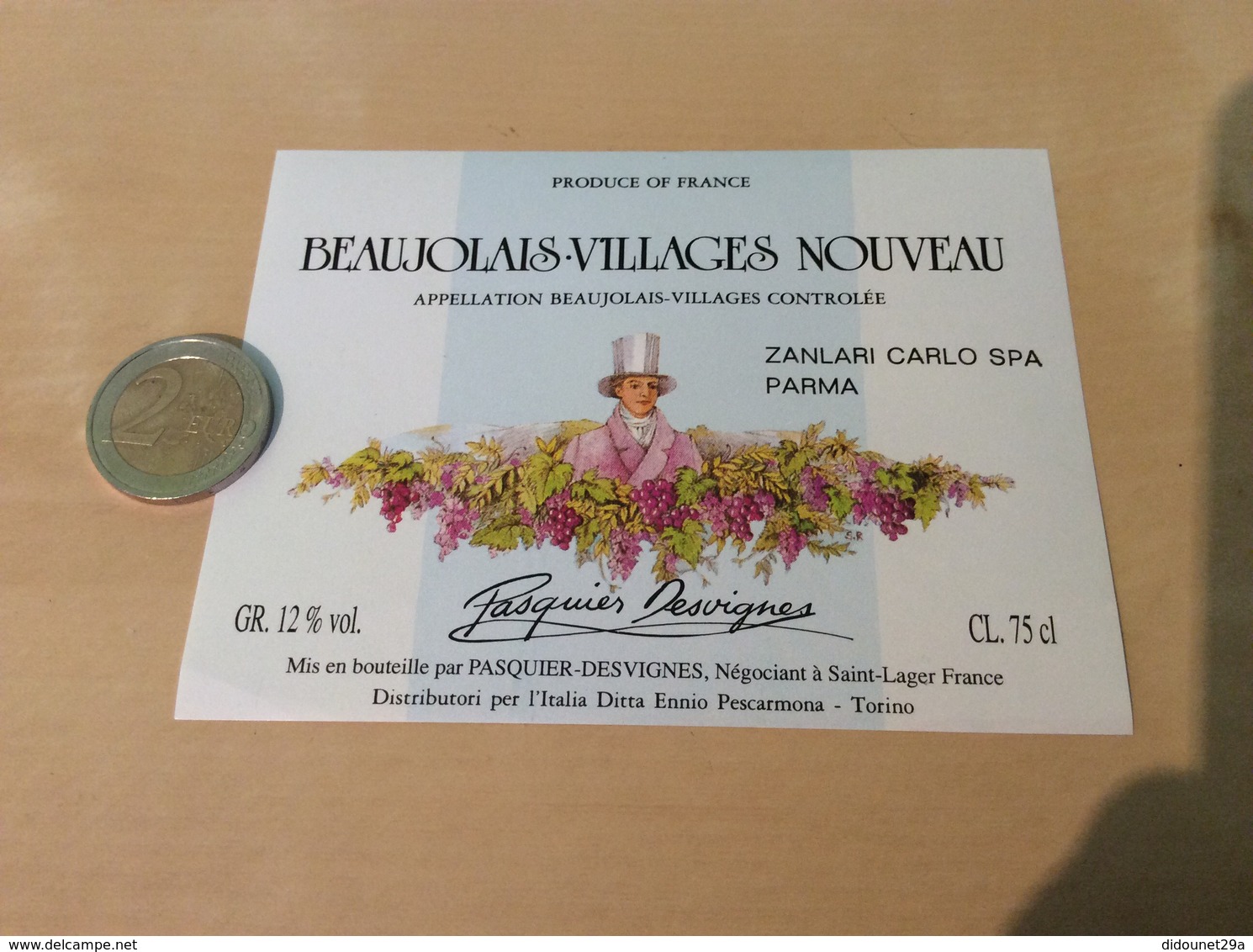 Etiquette Vin «BEAUJOLAIS VILLAGES NOUVEAU- ZANLARI CARLO SPA PARMA -Pasquier-Desvigne- Saint-Lager (69)» Export. Italie - Beaujolais
