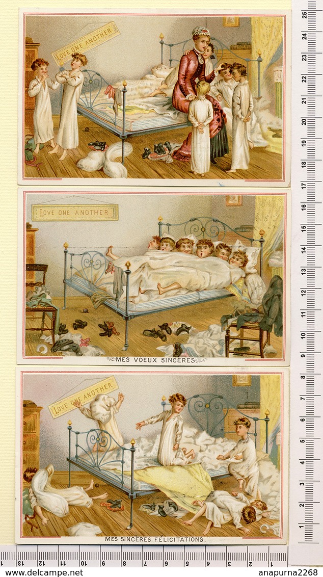 3 CARTES CHROMOS LITHOGRAPHIES....8.5 / 13 Cm   ..SCÈNES HUMOUR  CHAMBRE D'ENFANTS...VICTORIAN TRADE  CARD - Autres & Non Classés