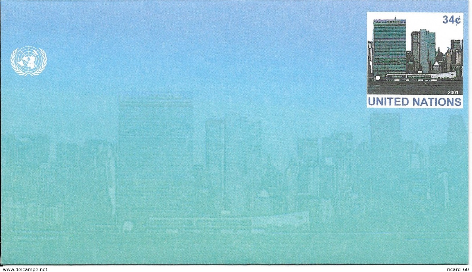 Onu, United Nations, Nations Unies,new York, Entier Postal 2001 , Env Neuve, Manhattan, Colombe De La Paix - Covers & Documents