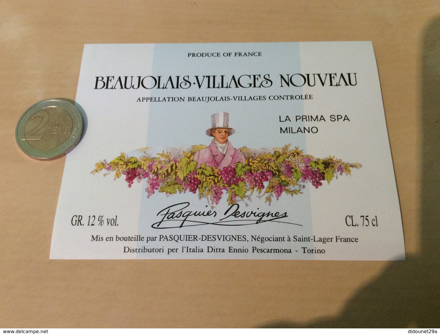 Etiquette Vin «BEAUJOLAIS VILLAGES NOUVEAU- LA PRIMA SPA MILANO -Pasquier-Desvigne- Saint-Lager(69)»Export. Italie - Beaujolais