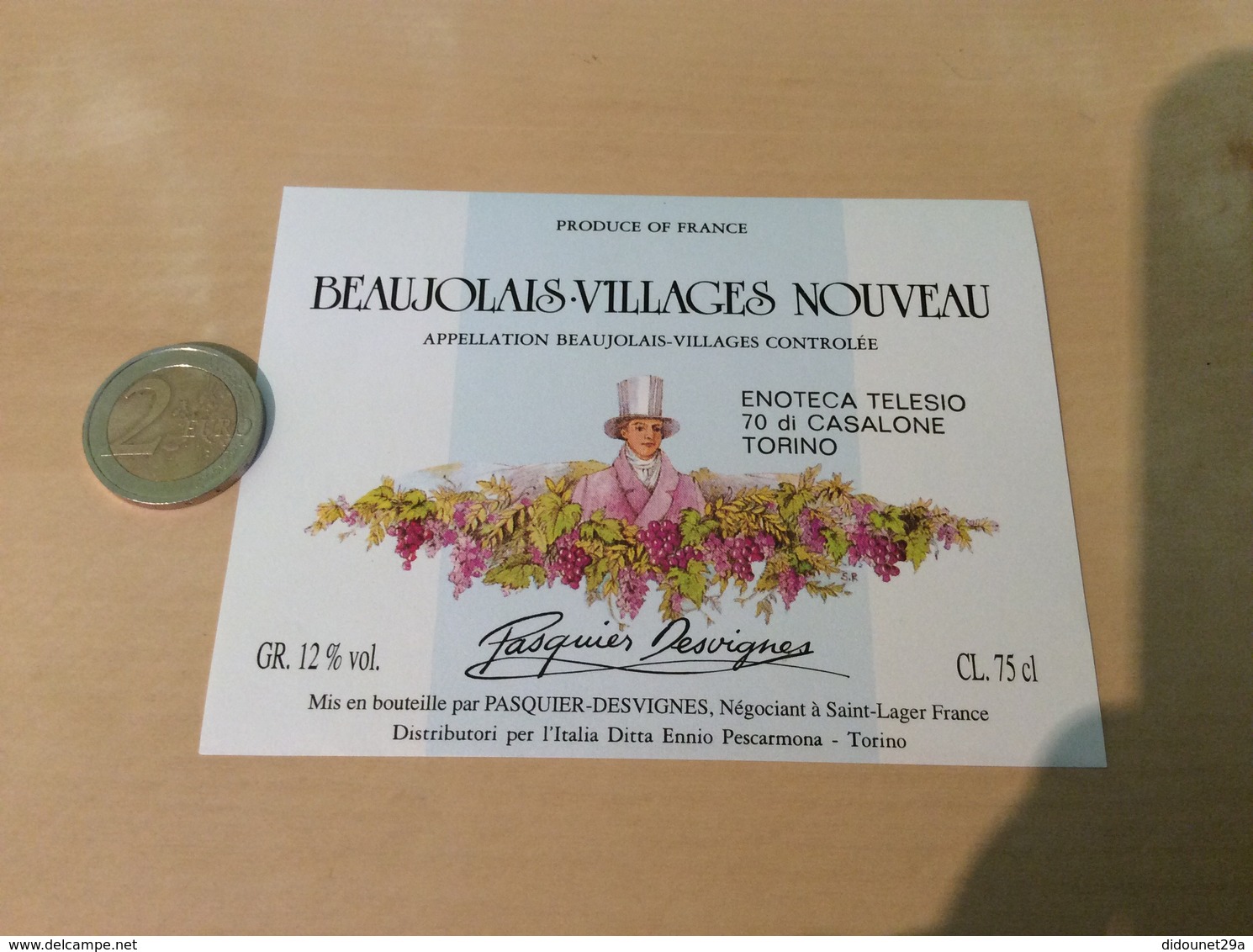 Etiquette Vin «BEAUJOLAIS VILLAGES NOUVEAU- ENOTECA TELESIO TORINO -Pasquier-Desvigne- Saint-Lager(69)»Export. Italie - Beaujolais