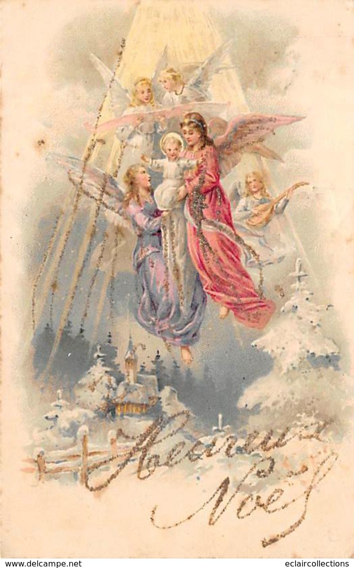 Thème Noël :       Père Noël  Ange Jésus Sapin    Carte Gaufrée.     (voir Scan) - Other & Unclassified