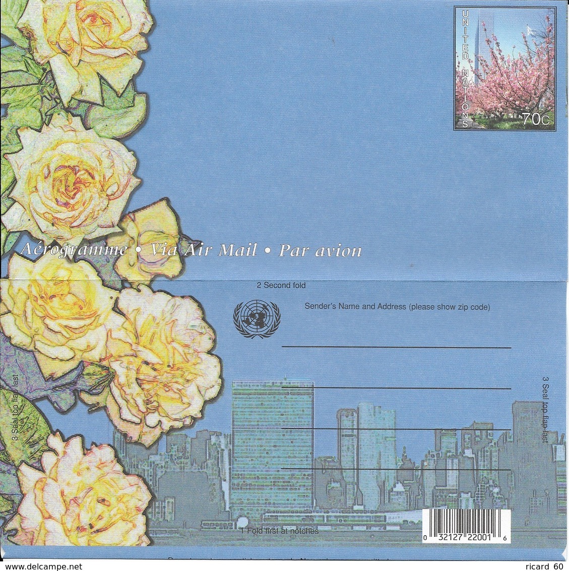 Onu, United Nations, Nations Unies,new York, Entier Postal 2001 , Aérogramme Neuf, Rose Jaune, Cerisiers En Fleurs - Lettres & Documents