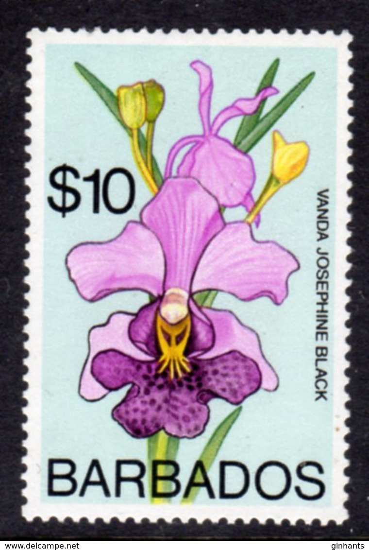 BARBADOS - 1975 $10 ORCHID STAMP WMK W14 S/W FINE MNH ** SG 524 - Barbados (1966-...)