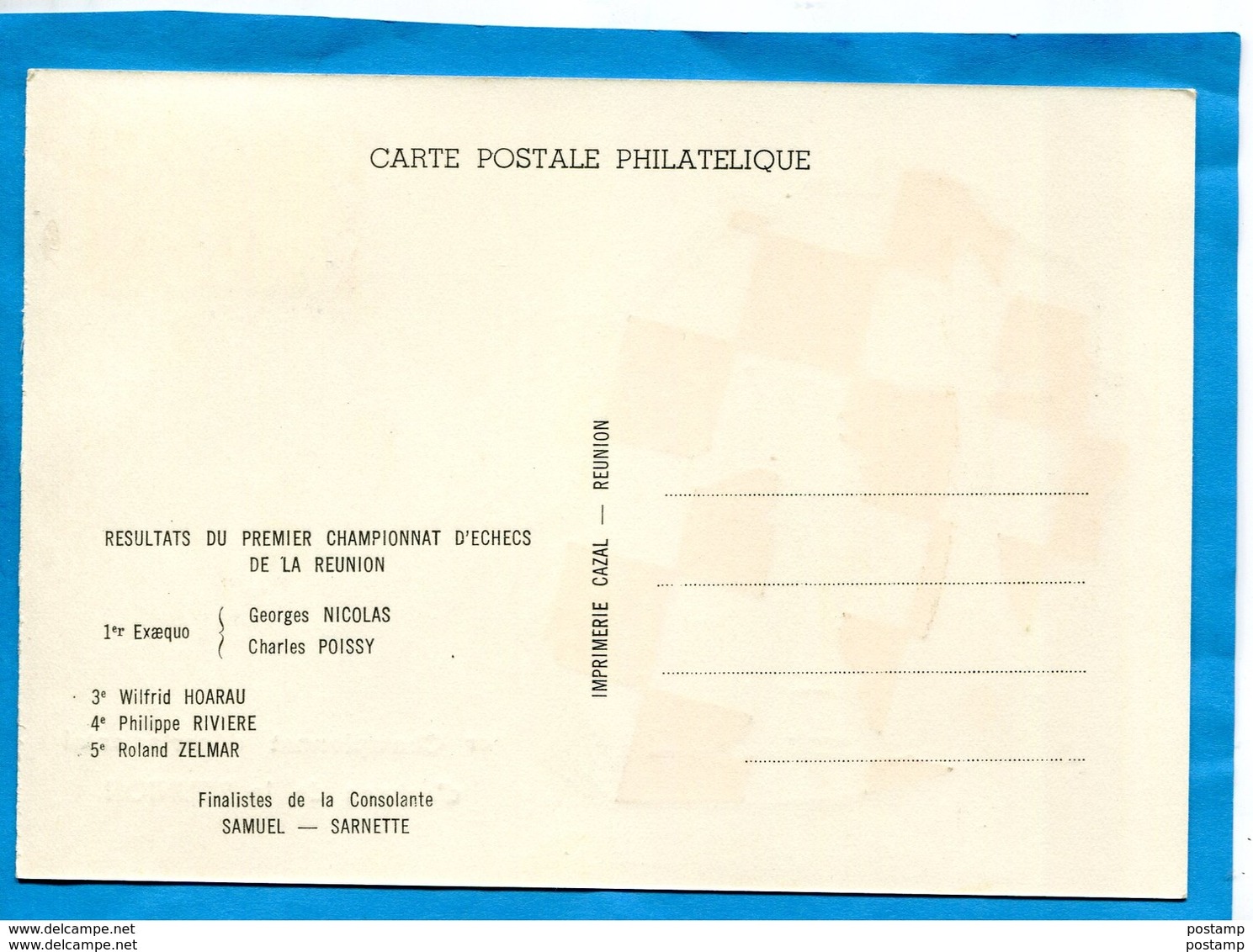 Réunion-carte Postale-illustrée-1er Championnat D'échecs-Marcophilie-cad-23-06-1968-+résutats Au Dos- Stamps-N°374 Lions - Autres & Non Classés