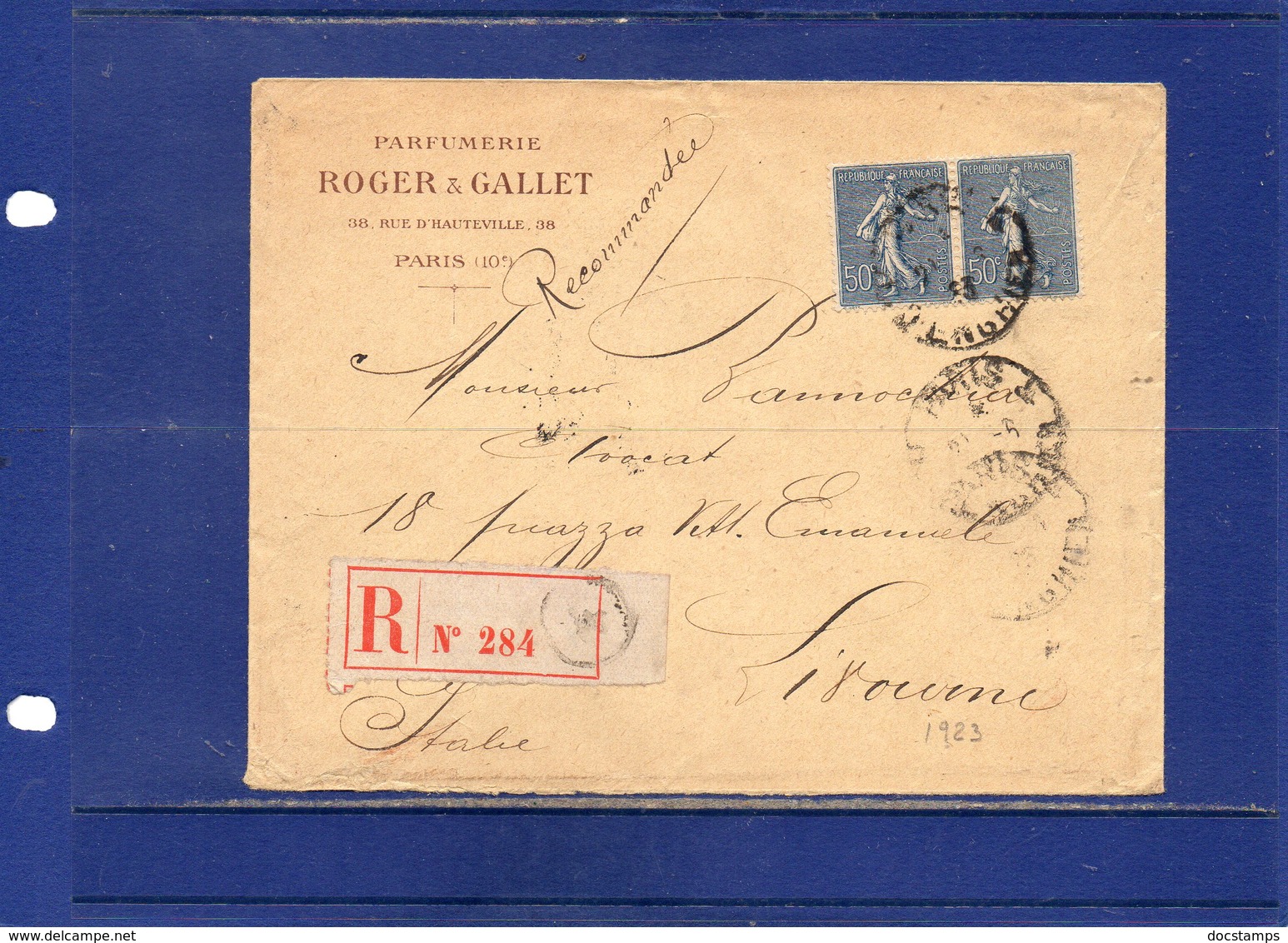 ##(ROYBOX1)Postal History-France1923-Perfume-Parfum-Roger&Gallet Parfumerie Registered Cover From Paris To Livorno-Italy - Non Classificati