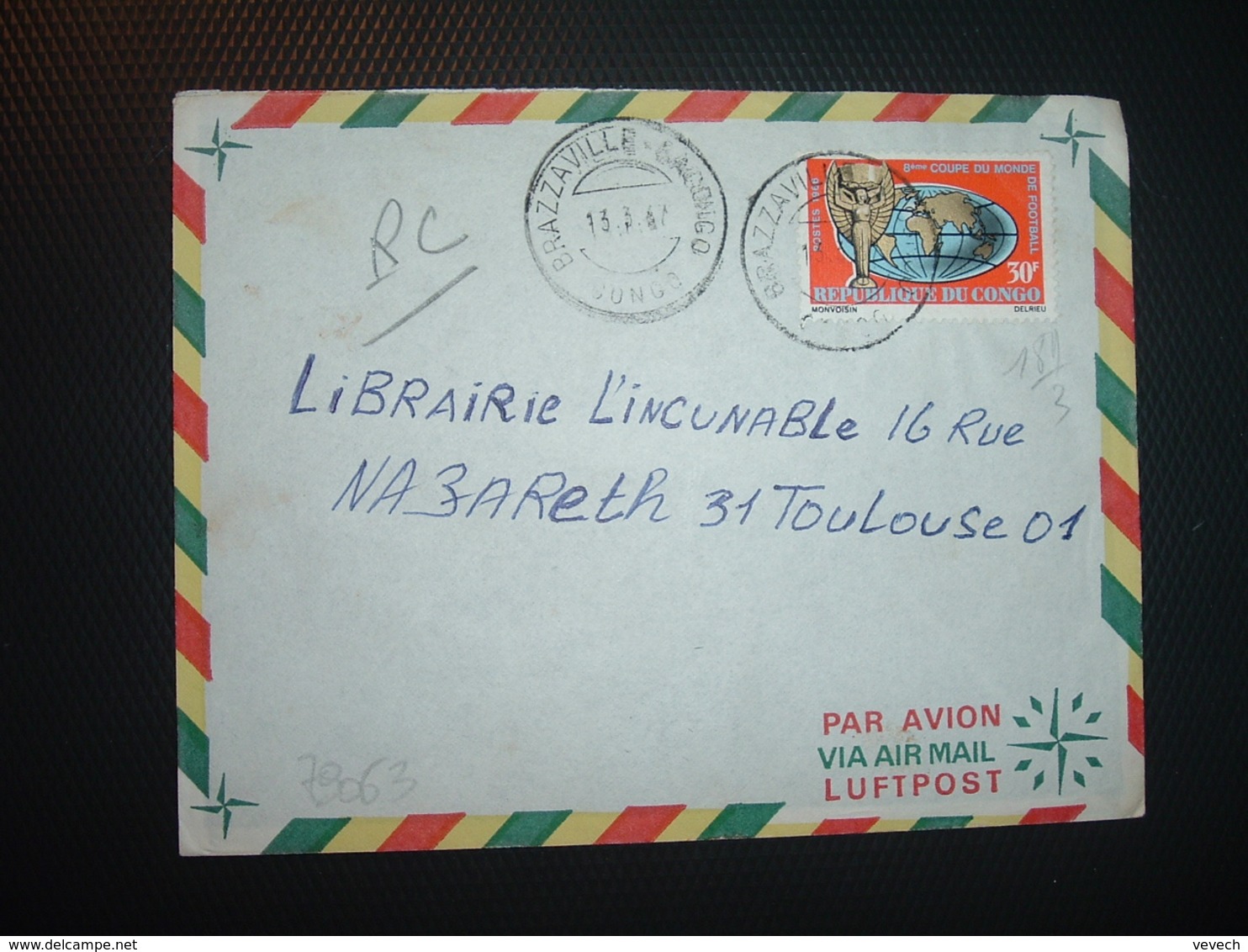 LETTRE TP COUPE DU MONDE DE FOOTBALL 30F OBL.13.3.67 BRAZZAVILLE-BACONGO - Oblitérés