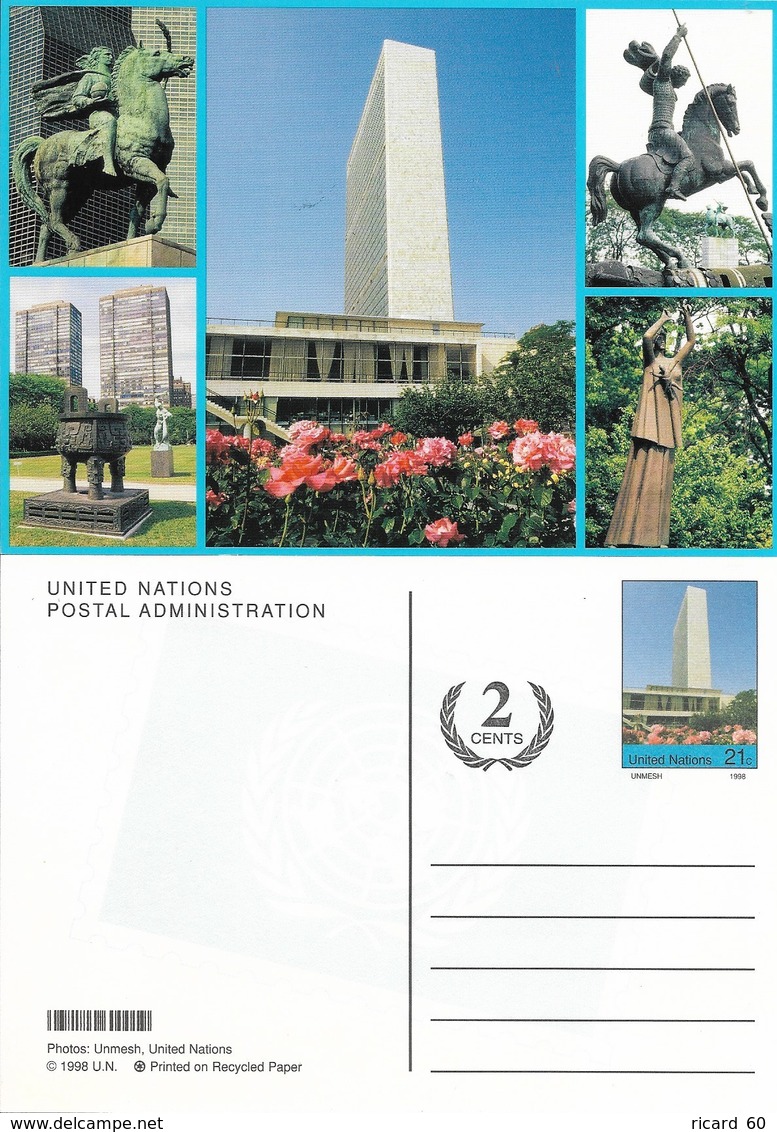 Onu,united Nations, Nations Unies, New York , Entier Postal 2002 , +2 Cents, Carte Neuve, 4 Statues - Covers & Documents