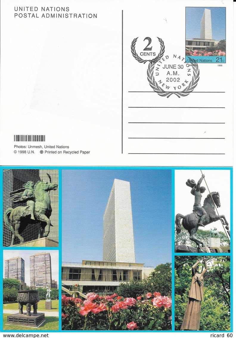 Onu,united Nations, Nations Unies, New York , Entier Postal 2002 , +2 Cents, Carte Fdc, 4 Statues - Brieven En Documenten