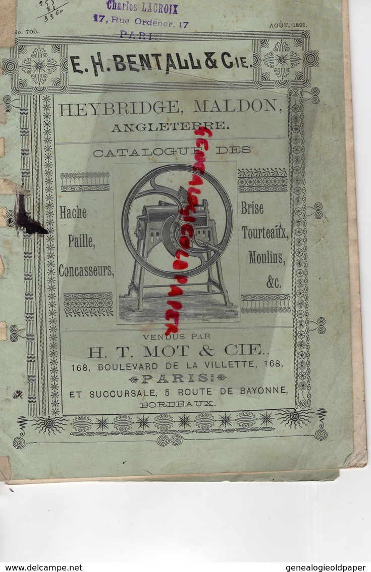 75-PARIS-ANGLETERRE-HEYBRIDGE MALDON-RARE CATALOGUE E.H. BENTALL-CHARLES LACROIX-H.T. MOT 168 BD VILLETTE-BORDEAUX -1891 - 1800 – 1899