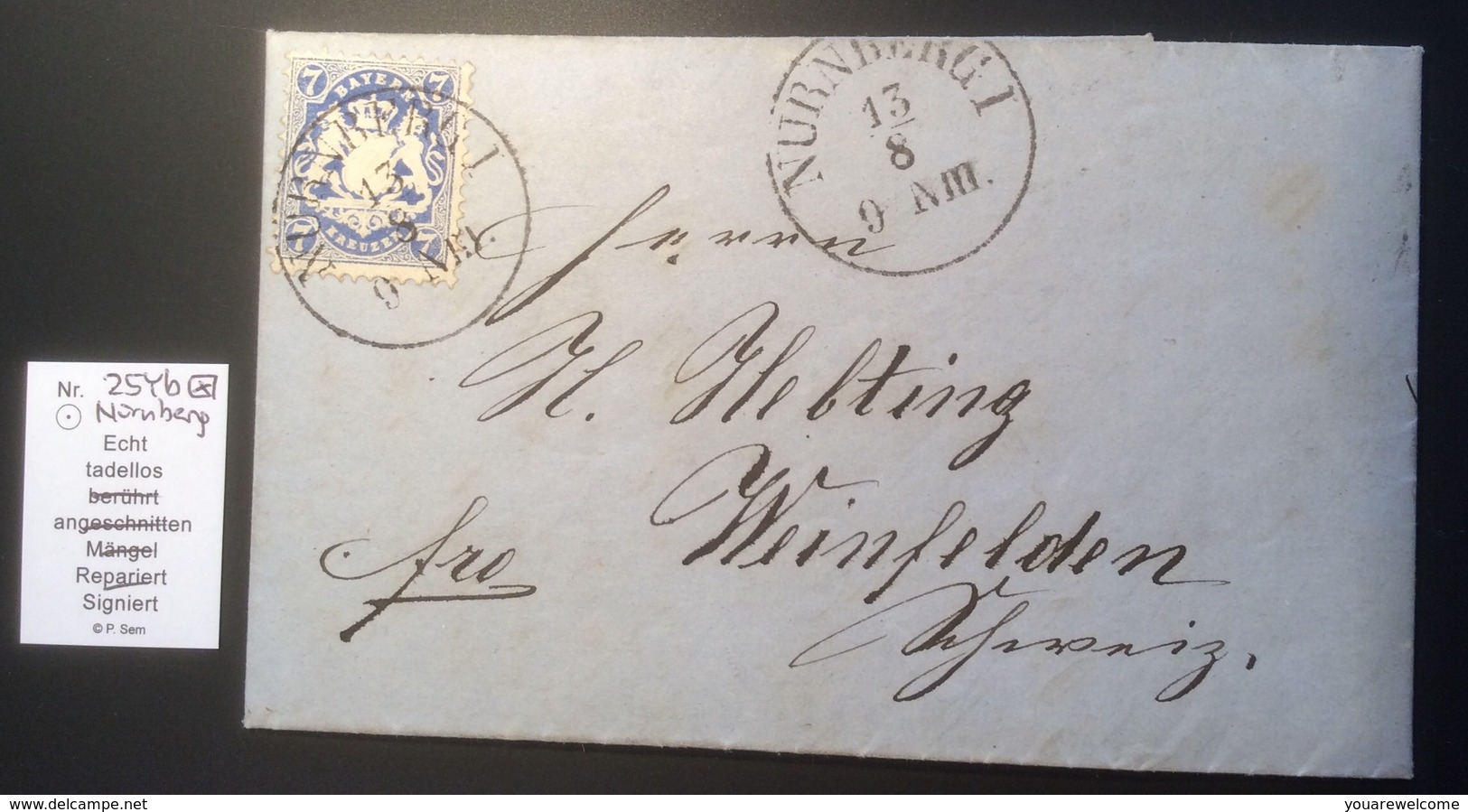 Bayern 7 Kr Mi. 25Yb Gepr. BPP NÜRNBERG 1873 Brief „Glas Gebr. Neumark“ > Weinfelden TG Schweiz  (cover Lettre Verre - Briefe U. Dokumente