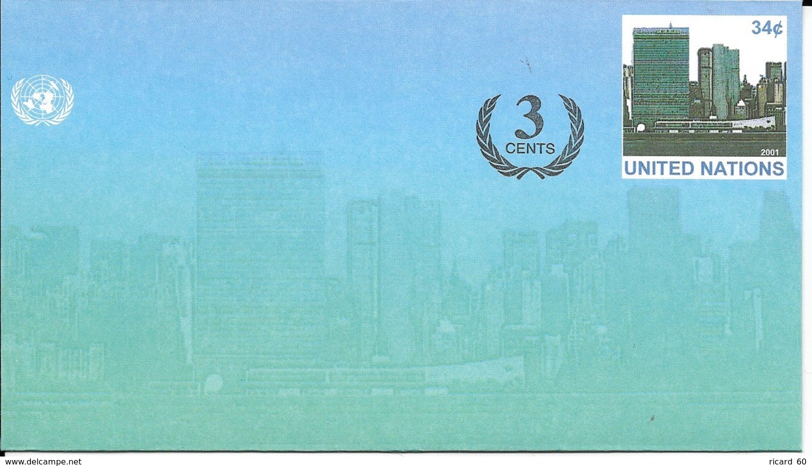 Onu,united Nations, Nations Unies, New York , Entier Postal  2002, Env Neuve, + 3 Cents, Manhattan, - Storia Postale