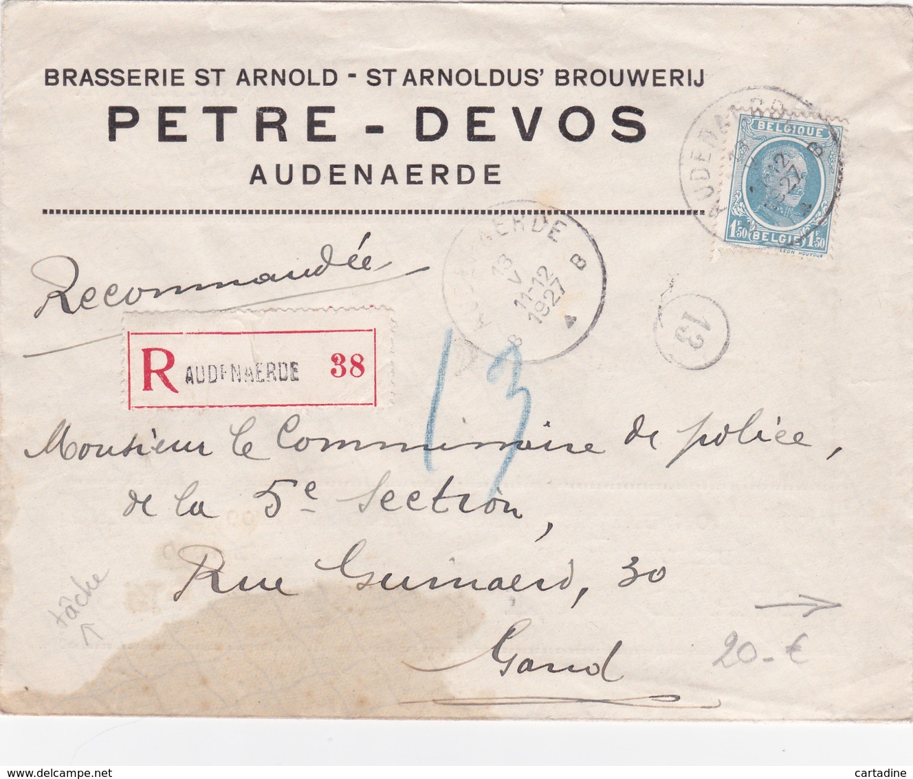 Lettre Recommandé  Avec Pub - Grand Prix De L'expo Universelle 1910 - La Bière D'Audenaerde PETRE-DEVOS - Brasserie Etat - Autres & Non Classés