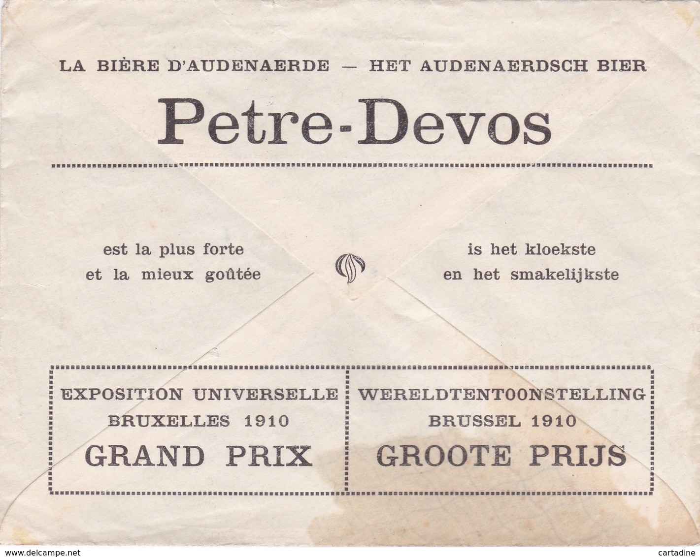 Lettre Recommandé  Avec Pub - Grand Prix De L'expo Universelle 1910 - La Bière D'Audenaerde PETRE-DEVOS - Brasserie Etat - Autres & Non Classés