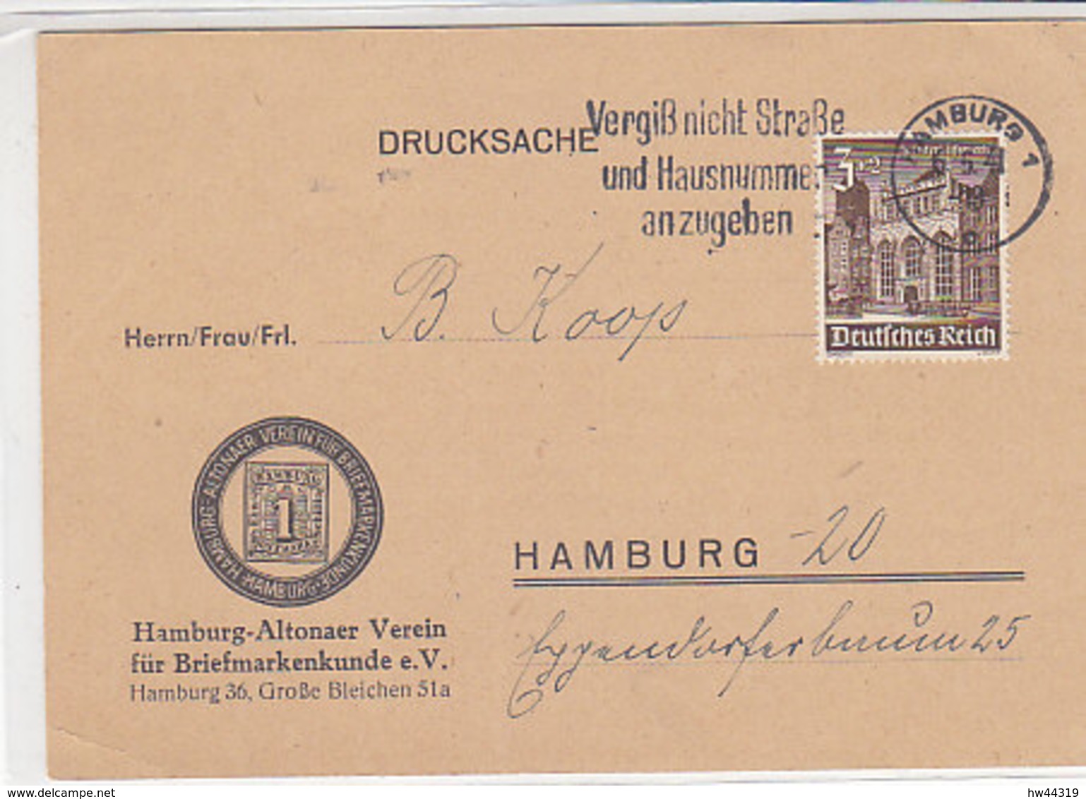 Drucksache Mit 751 Aus HAMBURG 6.5.41 Vom Hamburg-Altonaer Verein Für Briefmarkenkunde - Briefe U. Dokumente