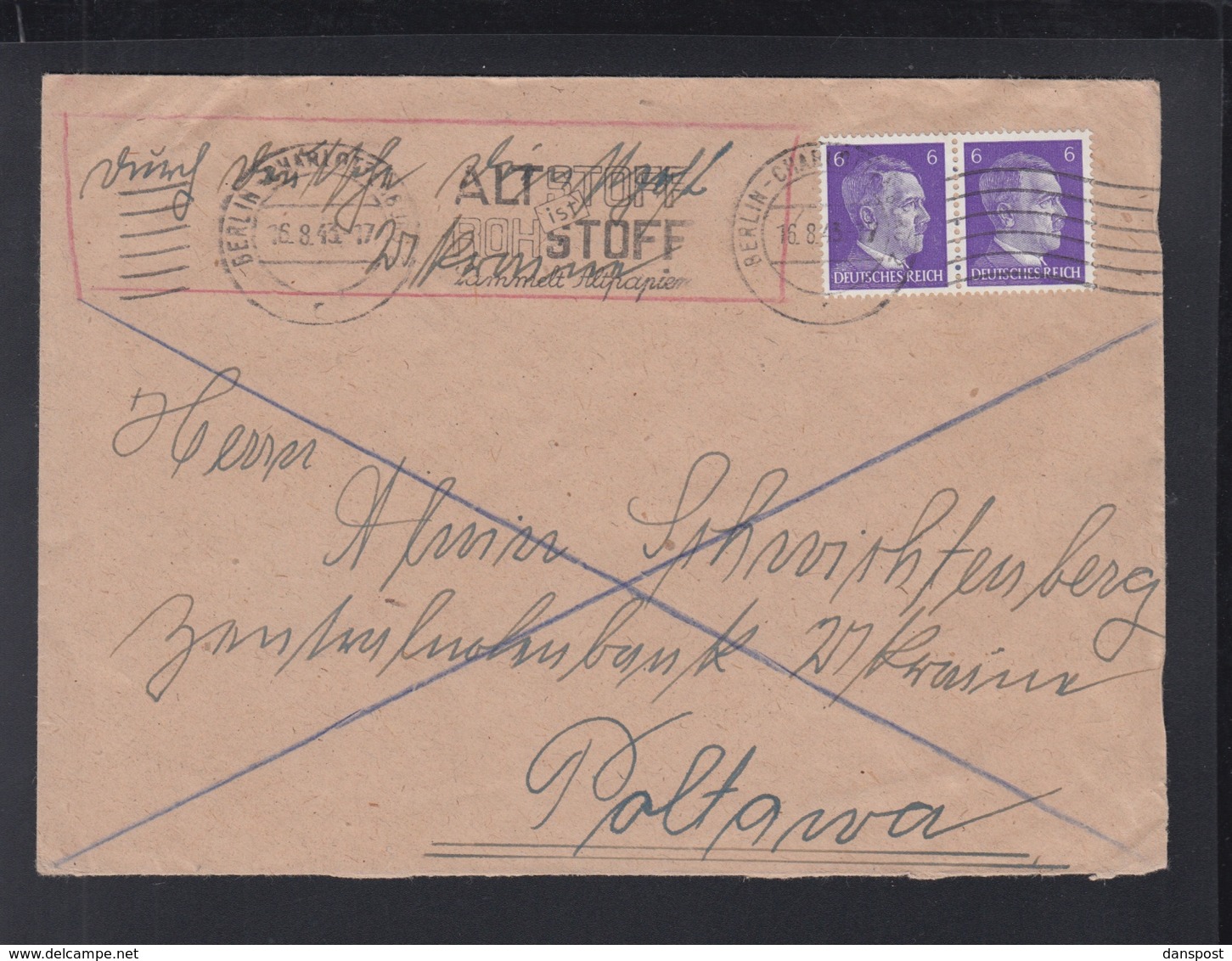 Dt. Reich Dienstpost Ukraine Brief 1943 Berlin Nach Poltava - Besetzungen 1938-45